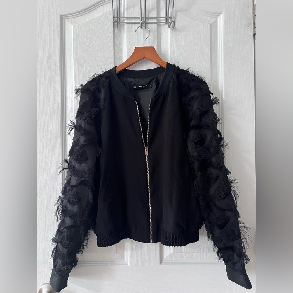 Zara Basic Black Jacket with wispy trim on sleeves. Full zip, elastic waist M